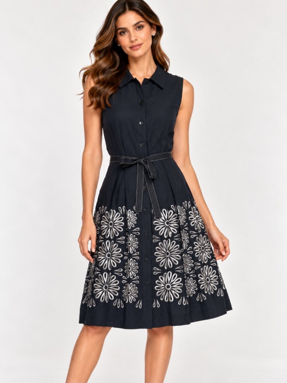 NWT Oscar de la Renta Navy Blue Linen Floral Embroidered Dress $2570 Size 12